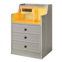 Sikaic Nightstand LED Nightstand with Hutch Drawers Charging Station Grey Grey