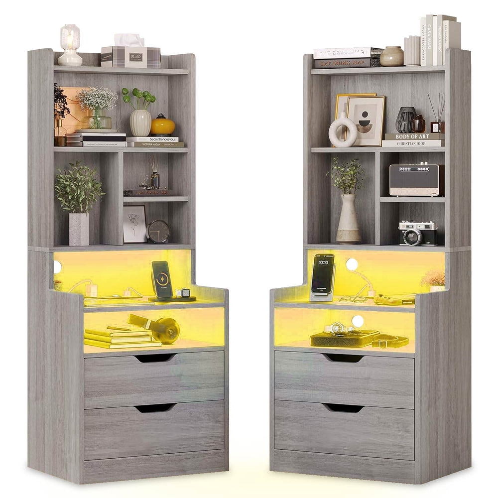 Sikaic Nightstand 2PCS LED Nightstand with Bookshelf Grey Grey / Modern