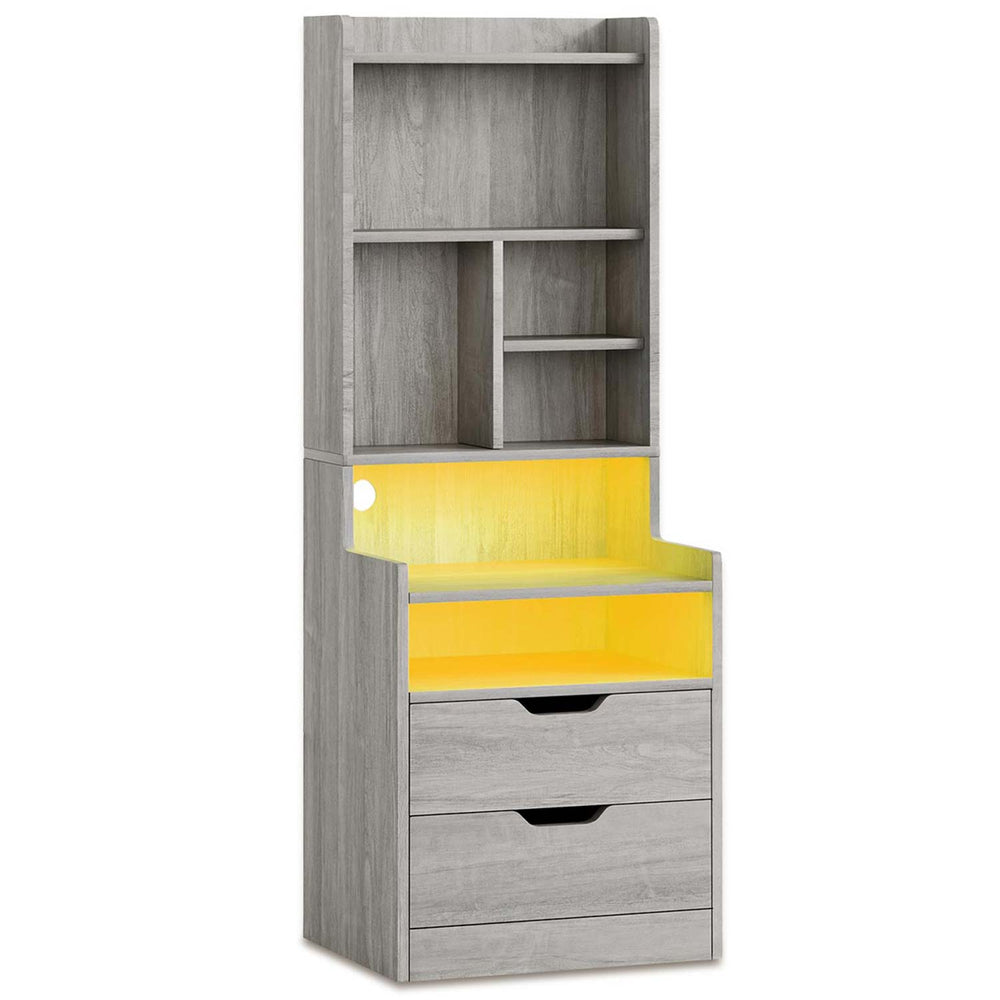 Sikaic Nightstand LED Nightstand with Bookshelf Charging Station Grey Grey / Modern