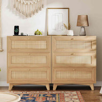 Sikaic Nightstand 2PCS Rattan Nightstand with Charging Station Natural Natural / Engineered Wood / Bohemian