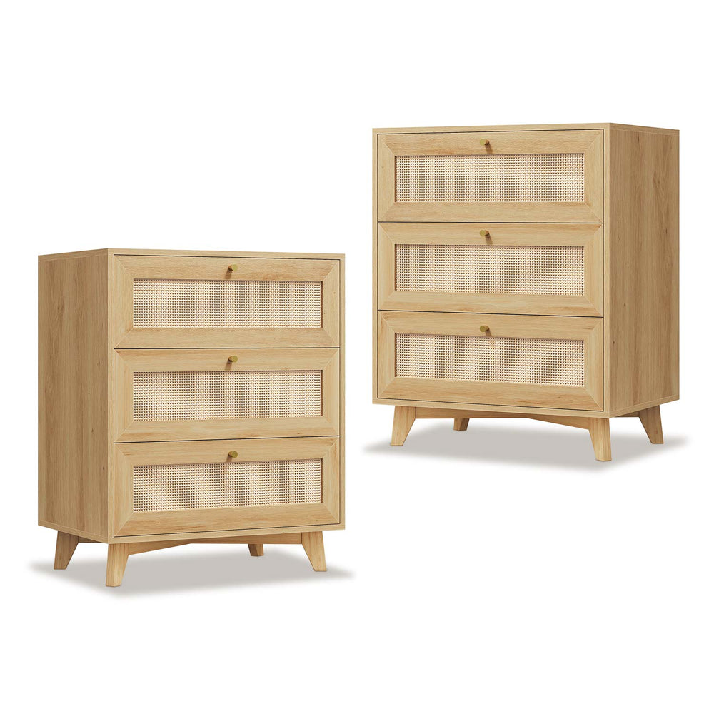 Sikaic Nightstand 2PCS Rattan Nightstand with Charging Station Natural Natural / Engineered Wood / Bohemian