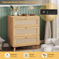 Sikaic Nightstand Rattan Nightstand with Charging Station Natural Natural / Engineered Wood / Bohemian