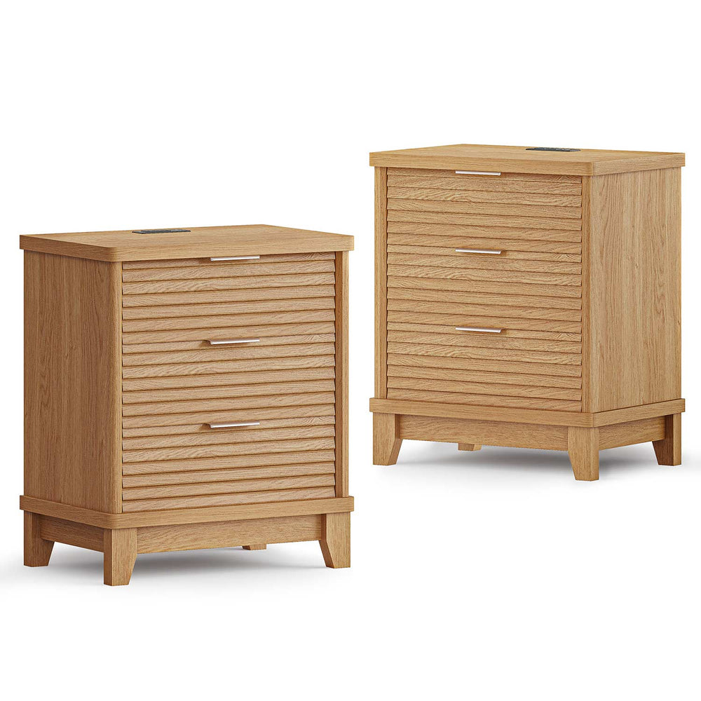 Sikaic Nightstand 2PCS Fluted Nightstand with Charging Station and 3 Drawers Natural Natural / Engineered Wood / Modern