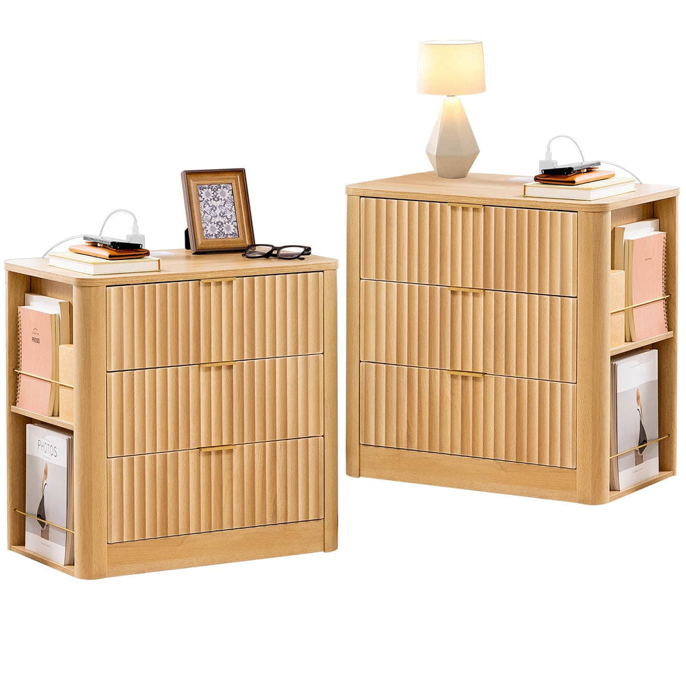 Sikaic Nightstand 2PCS Fluted Nightstand with Charging Station Natural Oak Natural / Engineered Wood / Modern