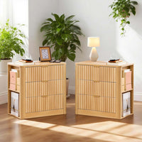 Sikaic Nightstand 2PCS Fluted Nightstand with Charging Station Natural Oak Natural / Engineered Wood / Modern