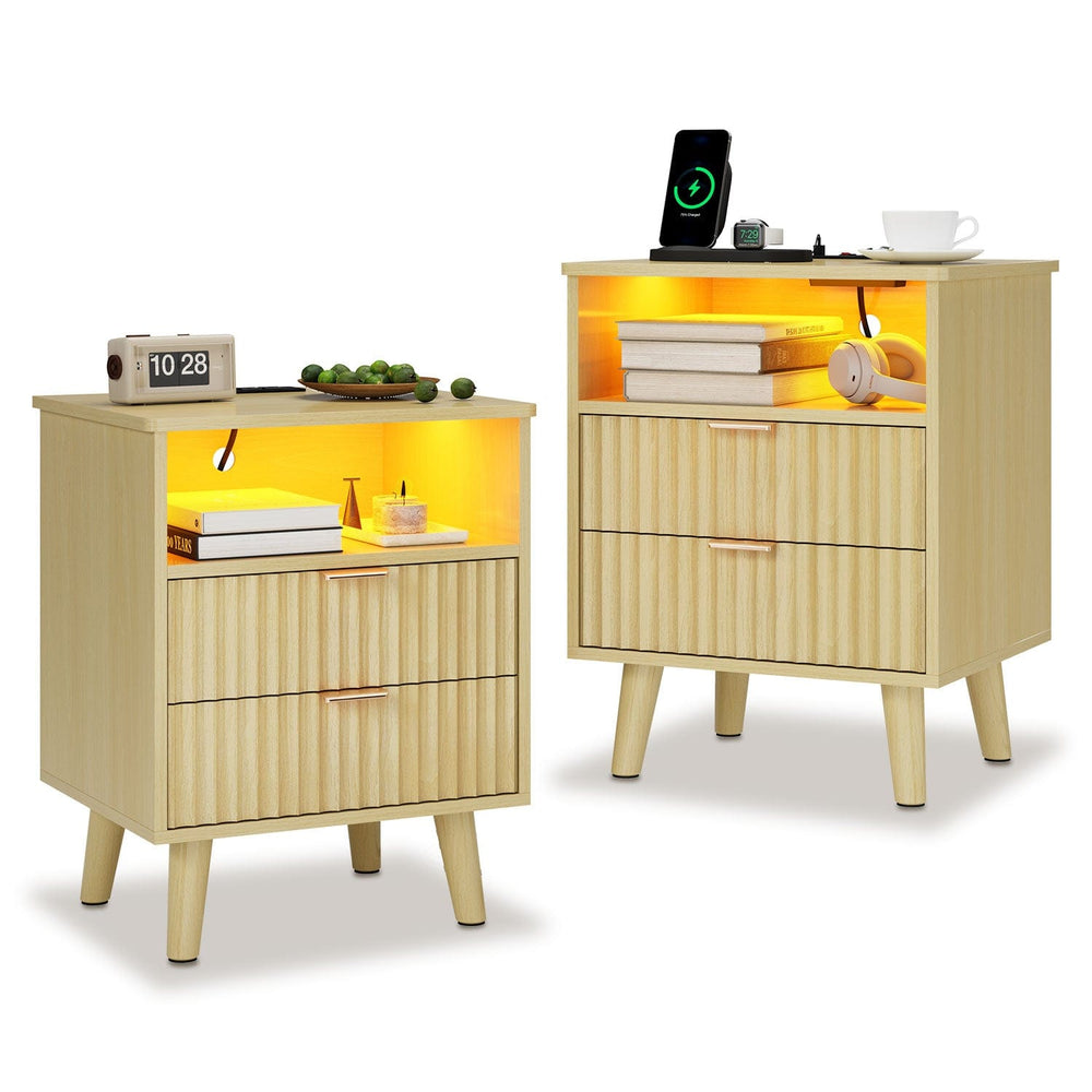 Sikaic Nightstand 2PCS LED Nightstand with Charging Station and Fluted Panel Natural Oak Natural / Engineered Wood / Modern
