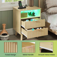 Sikaic Nightstand LED Nightstand with Charging Station and Fluted Panel Natural Oak Natural / Engineered Wood / Modern