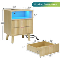 Sikaic Nightstand LED Nightstand with Charging Station and Fluted Panel Natural Oak Natural / Engineered Wood / Modern