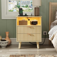 Sikaic Nightstand LED Nightstand with Charging Station and Fluted Panel Natural Oak Natural / Engineered Wood / Modern