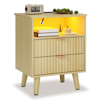 Sikaic Nightstand LED Nightstand with Charging Station and Fluted Panel Natural Oak Natural / Engineered Wood / Modern