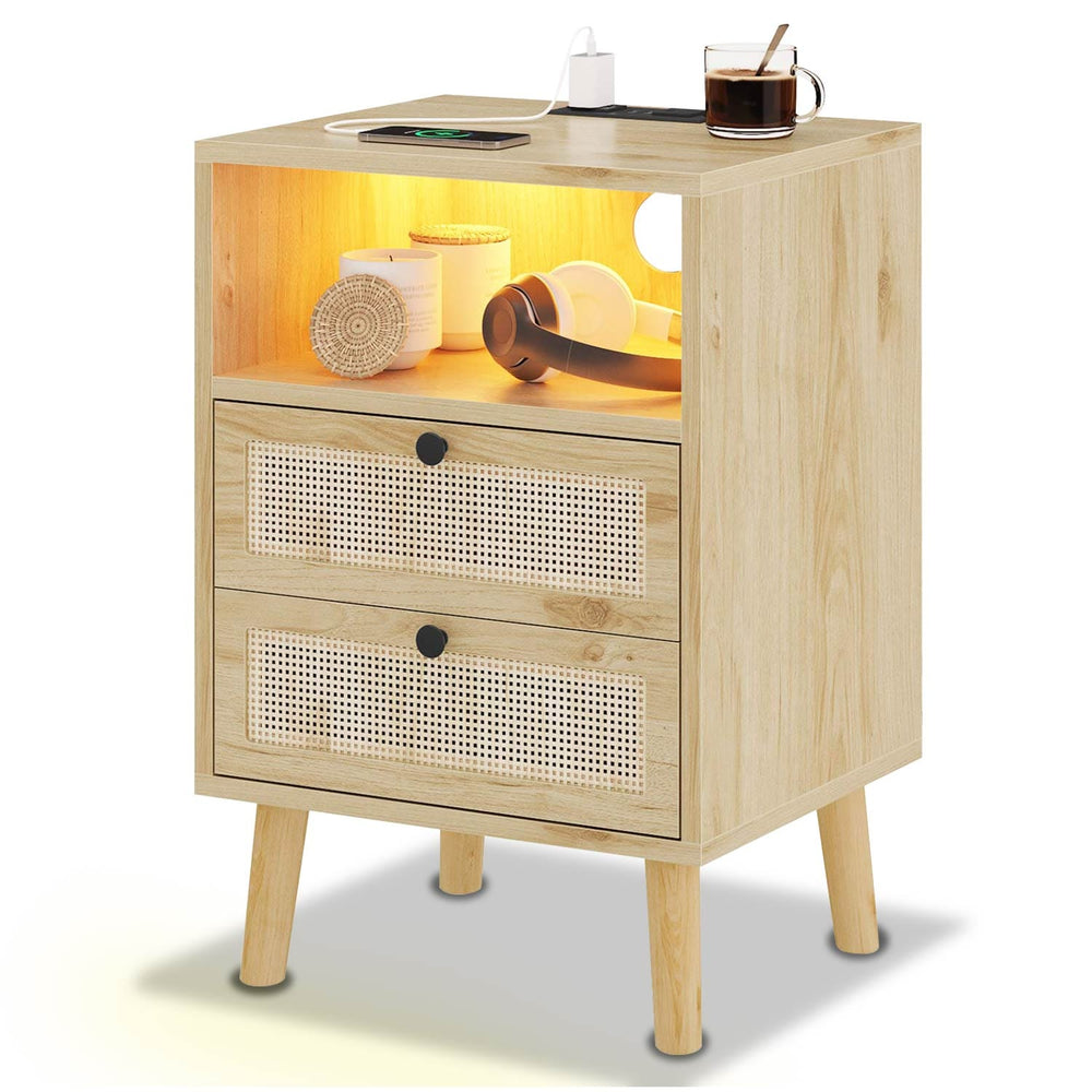 Sikaic Nightstand Natural Rattan LED Nightstand with Charging Station Natural / Rattan / Bohemian