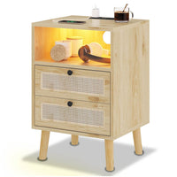 Sikaic Nightstand Natural Rattan LED Nightstand with Charging Station Natural / Rattan / Bohemian