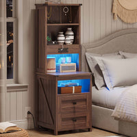 Sikaic Nightstand Tall Nightstand with Charging Station and Bookshelf Oak Brown Oak Brown / Engineered Wood / Farmhouse