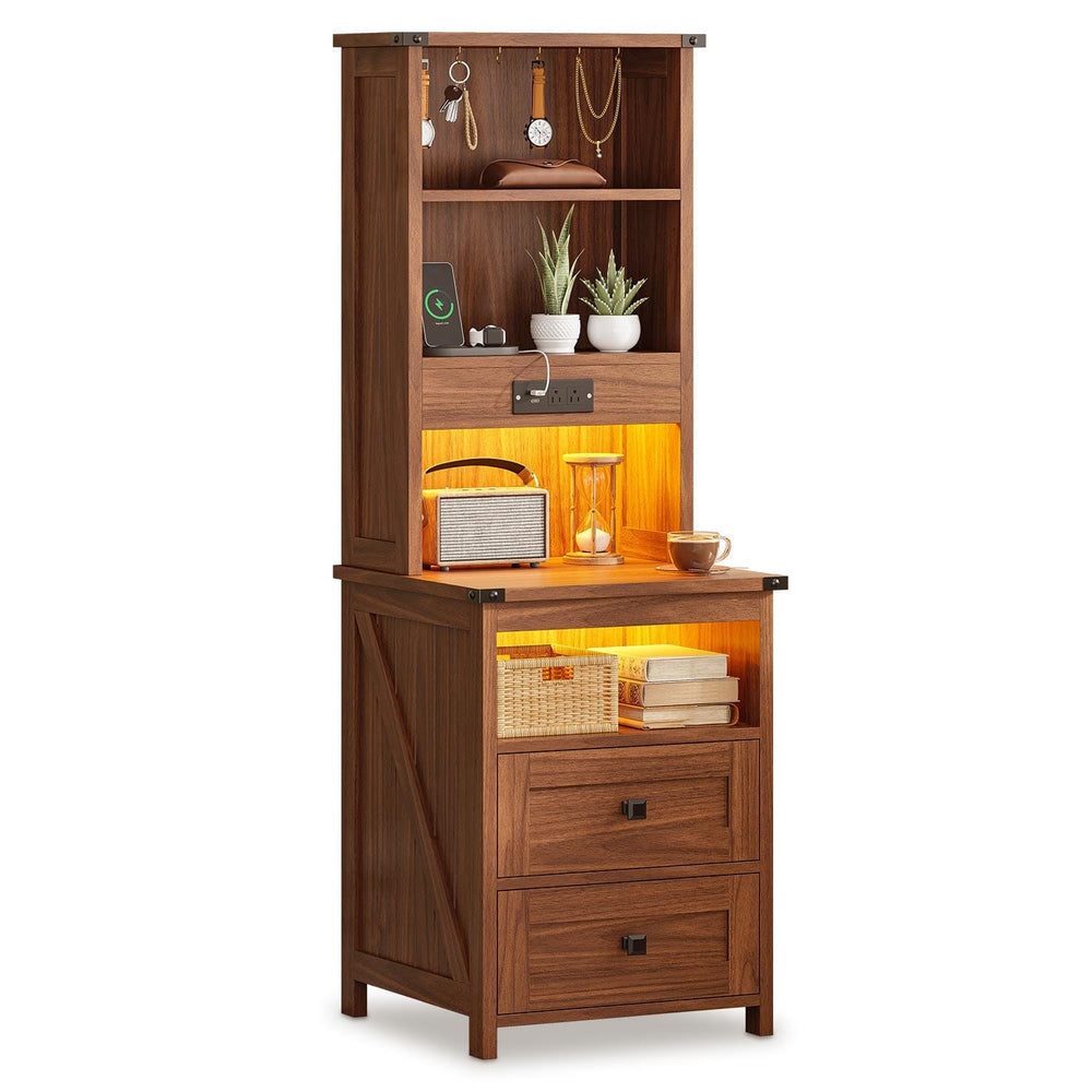Sikaic Nightstand Tall Nightstand with Charging Station and Bookshelf Oak Brown Oak Brown / Engineered Wood / Farmhouse