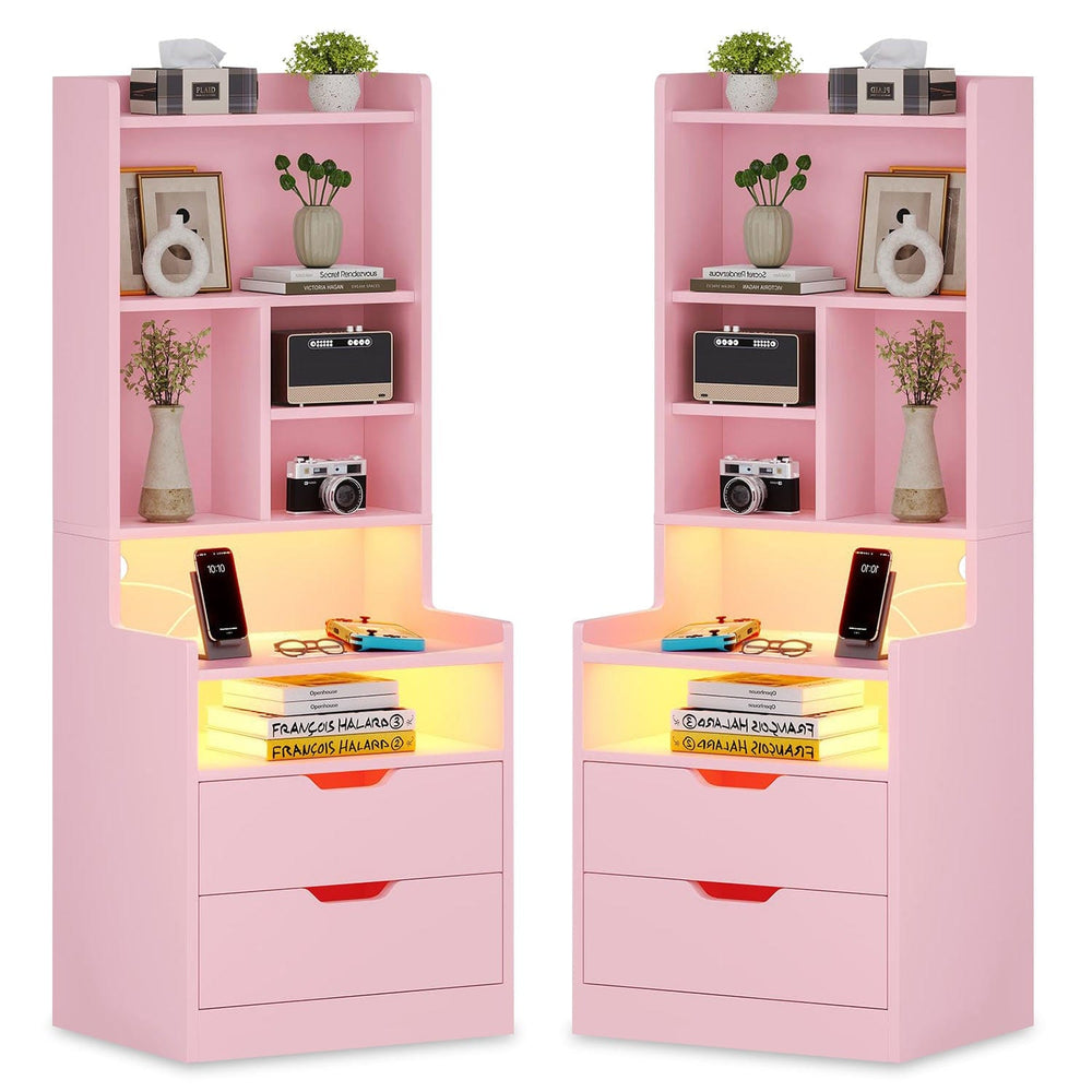 Sikaic Nightstand 2PCS LED Tall Nightstand with Bookshelf Charging Station Pink Pink / Engineered Wood / Modern