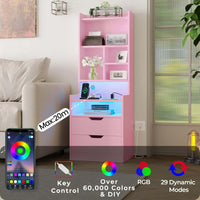 Sikaic Nightstand LED Tall Nightstand with Bookshelf Charging Station Pink Pink / Engineered Wood / Modern