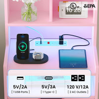 Sikaic Nightstand LED Tall Nightstand with Bookshelf Charging Station Pink Pink / Engineered Wood / Modern