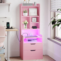 Sikaic Nightstand LED Tall Nightstand with Bookshelf Charging Station Pink Pink / Engineered Wood / Modern