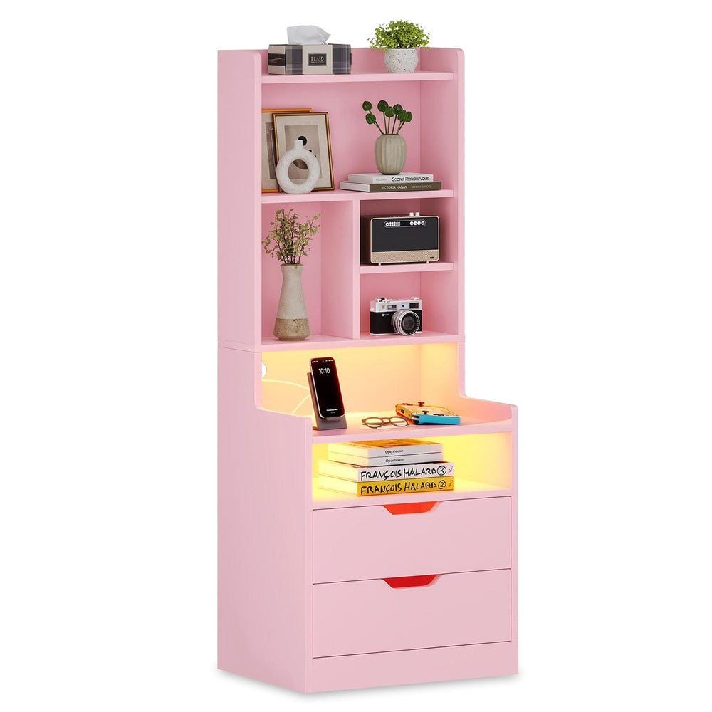 Sikaic Nightstand LED Tall Nightstand with Bookshelf Charging Station Pink Pink / Engineered Wood / Modern