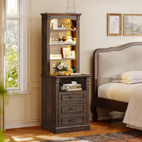 Sikaic Nightstand 61 Inches Tall Nightstand with Charging Station and LED Light Walnut Walnut Brown / Engineered Wood / Mid Century