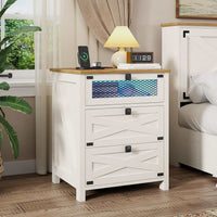 Sikaic Nightstand Nightstand with Charging Station and LED Lights White White / Engineered Wood / Farmhouse