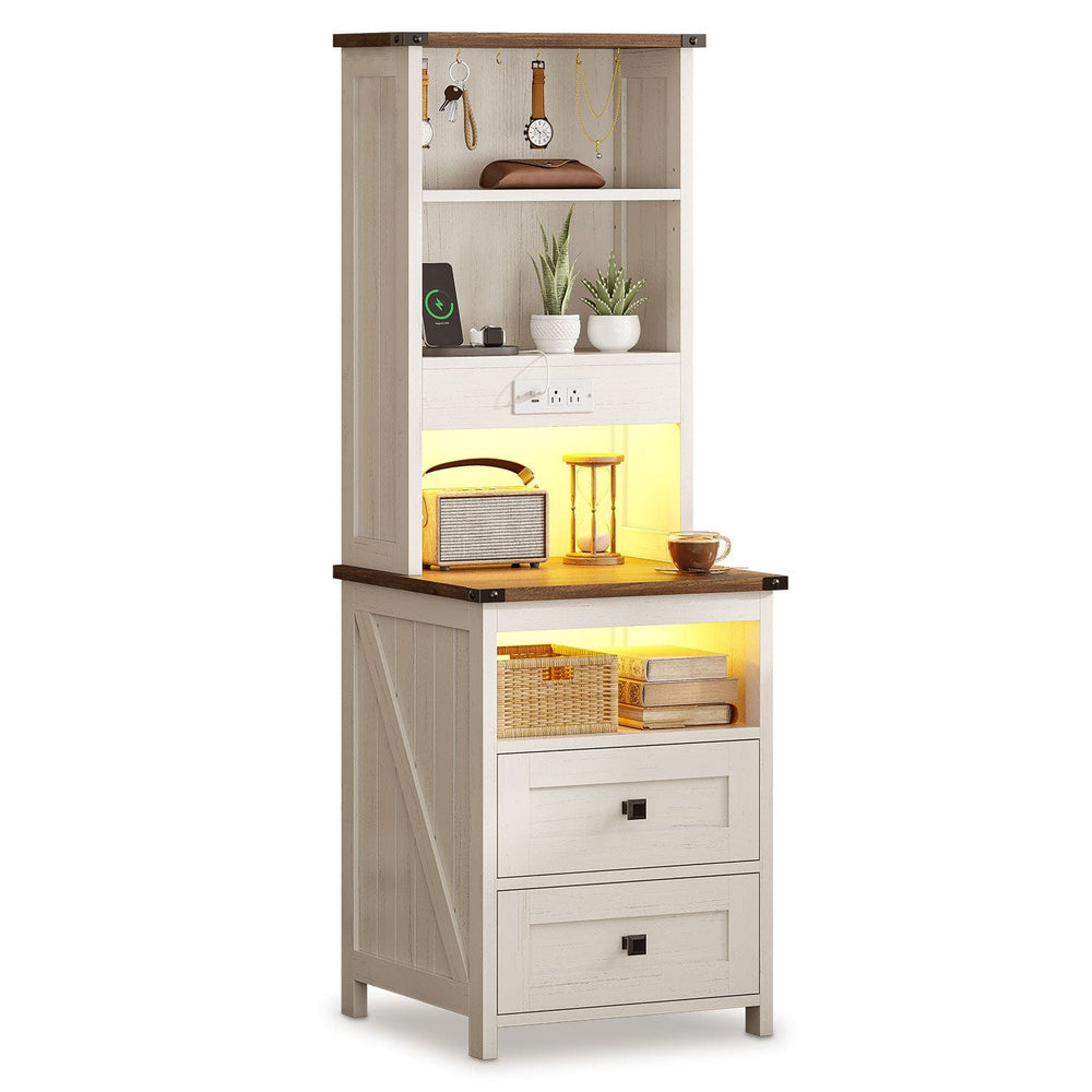 Sikaic Nightstand Tall Nightstand with Charging Station and Bookshelf White White / Engineered Wood / Farmhouse