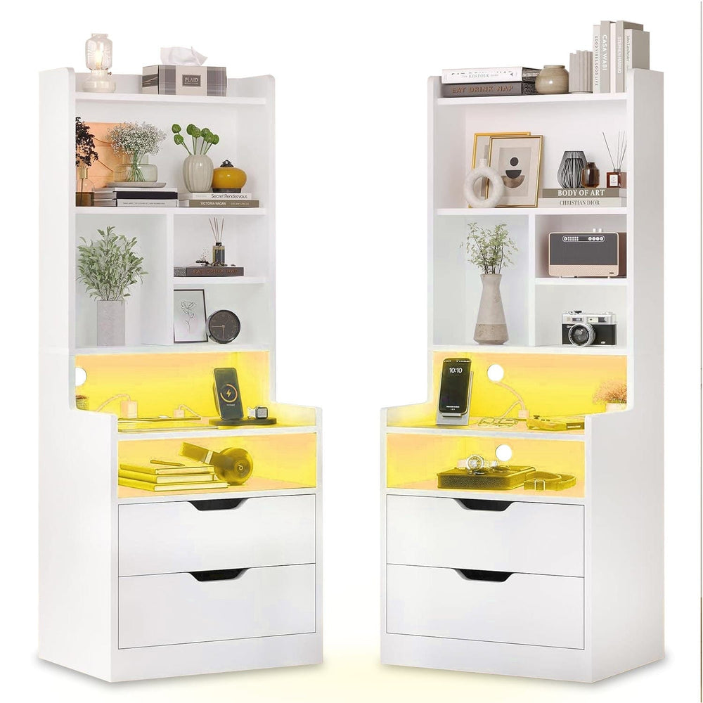 Sikaic Nightstand 2PCS LED Nightstand with Bookshelf White White / Engineered Wood / Modern