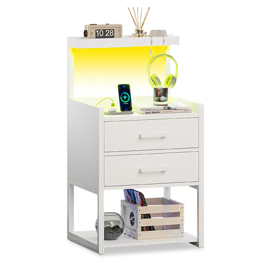 Sikaic Nightstand LED Nightstand with Charging Station White White / Engineered Wood / Modern