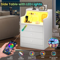 Sikaic Nightstand LED Nightstand with Hutch Drawers Charging Station White