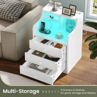 Sikaic Nightstand LED Nightstand with Hutch Drawers Charging Station White