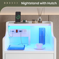 Sikaic Nightstand LED Nightstand with Hutch Drawers Charging Station White