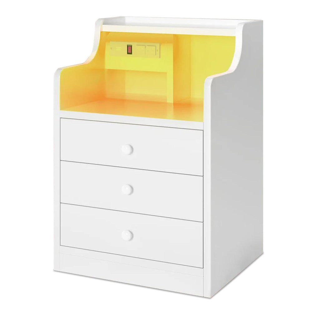 Sikaic Nightstand LED Nightstand with Hutch Drawers Charging Station White White / Engineered Wood / Modern
