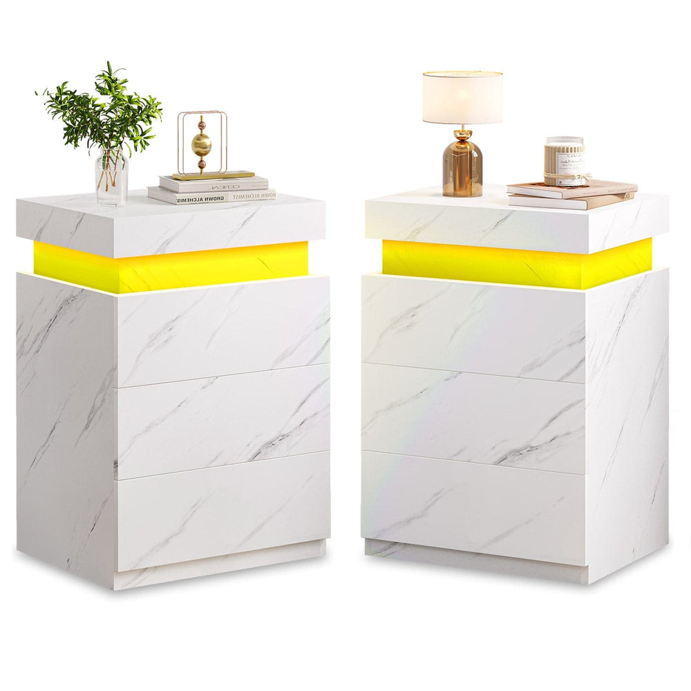 Sikaic Nightstand 2PCS Nightstand with LED Lights Charging Station White Marble White Marble / Engineered Wood / Modern