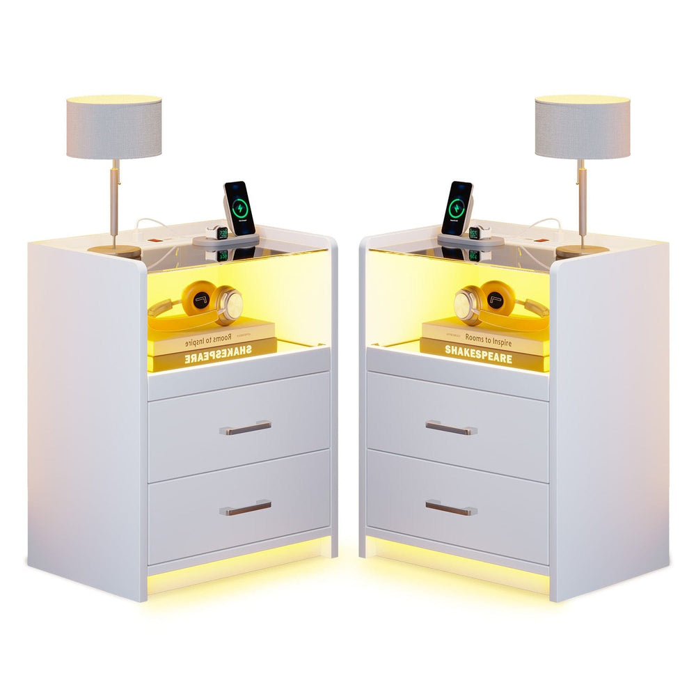Sikaic Nightstand 2 Pack LED Nightstand with 2 Storage Drawers White White / Tempered Glass / Modern