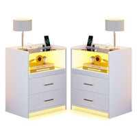 Sikaic Nightstand 2 Pack LED Nightstand with 2 Storage Drawers White White / Tempered Glass / Modern
