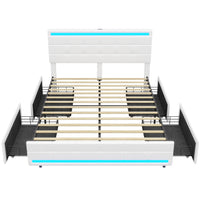 Sikaic PU Leather Platform Bed Frame with 4 Storage Drawers LED Lights Adjustable Headboard White