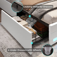 Sikaic PU Leather Platform Bed Frame with 4 Storage Drawers LED Lights Adjustable Headboard White