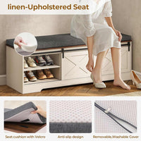 Sikaic Shoe Benches Shoe Benches with Cushion and Sliding Barn Doors White White / Engineered Wood / Farmhouse