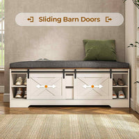Sikaic Shoe Benches Shoe Benches with Cushion and Sliding Barn Doors White White / Engineered Wood / Farmhouse