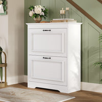 Sikaic Shoe Cabinet Shoe Cabinet with 2 Flip Drawers and Metal Flip Stand White White / Engineered Wood / Modern