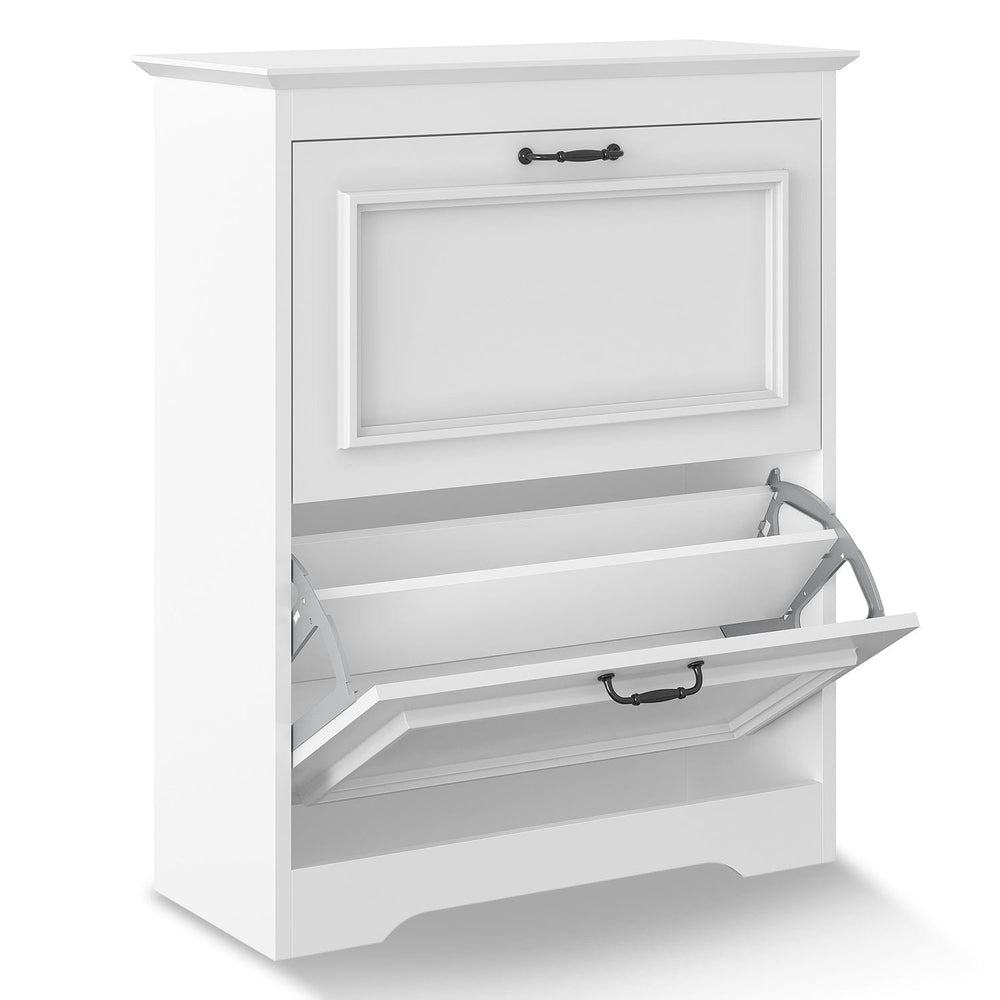 Sikaic Shoe Cabinet Shoe Cabinet with 2 Flip Drawers and Metal Flip Stand White White / Engineered Wood / Modern