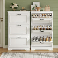 Sikaic Shoe Cabinet Shoe Cabinet with 3 Flip Drawers and Metal Flip Stand White White / Engineered Wood / Modern