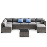 Sikaic Sofa SIKAIC 8PCS Rattan Outdoor Sofas Set Grey Blue Grey / Metal / Modern