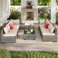 Sikaic Sofa 8PCS 7 Person Rattan Outdoor Sectional Sofa Seating Group Storage Table Set Red Beige Red Beige / Metal / Modern