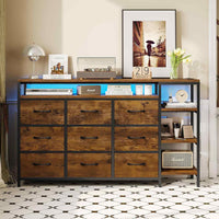 Sikaic TV Stands 60 Inches LED TV Stand with Charging Station and 9 PU & Fabric Drawers Brown Brown / Engineered Wood / Modern