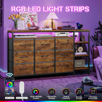 Sikaic TV Stands 60 Inches LED TV Stand with Charging Station and 9 PU & Fabric Drawers Brown Brown / Engineered Wood / Modern