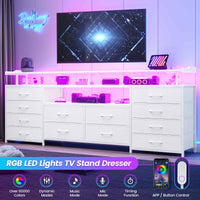 Sikaic TV Stands 63 Inches TV Stand Dresser with LED Lights and Charging Station White White / Engineered Wood / Modern