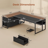 Sikaic 71 in Reversible L Shaped Executive Desk with Widen File Drawers and Power Outlets Walnut Brown Walnut Brown / Engineered Wood / Modern