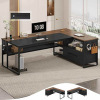 Sikaic 71 in Reversible L Shaped Executive Desk with Widen File Drawers and Power Outlets Walnut Brown Walnut Brown / Engineered Wood / Modern