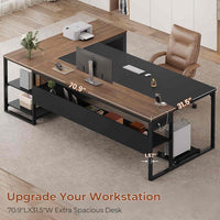Sikaic 71 in Reversible L Shaped Executive Desk with Widen File Drawers and Power Outlets Walnut Brown Walnut Brown / Engineered Wood / Modern